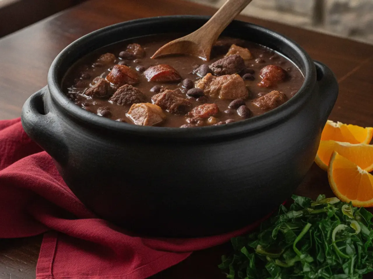 Panela de barro com feijoada uma colher